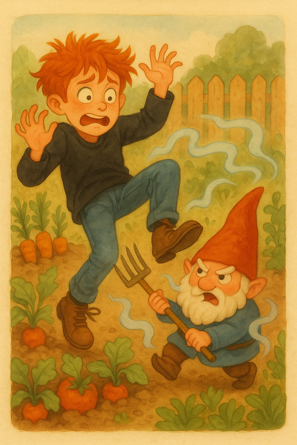 Ronin getting bitten by the gnome outside in the garden